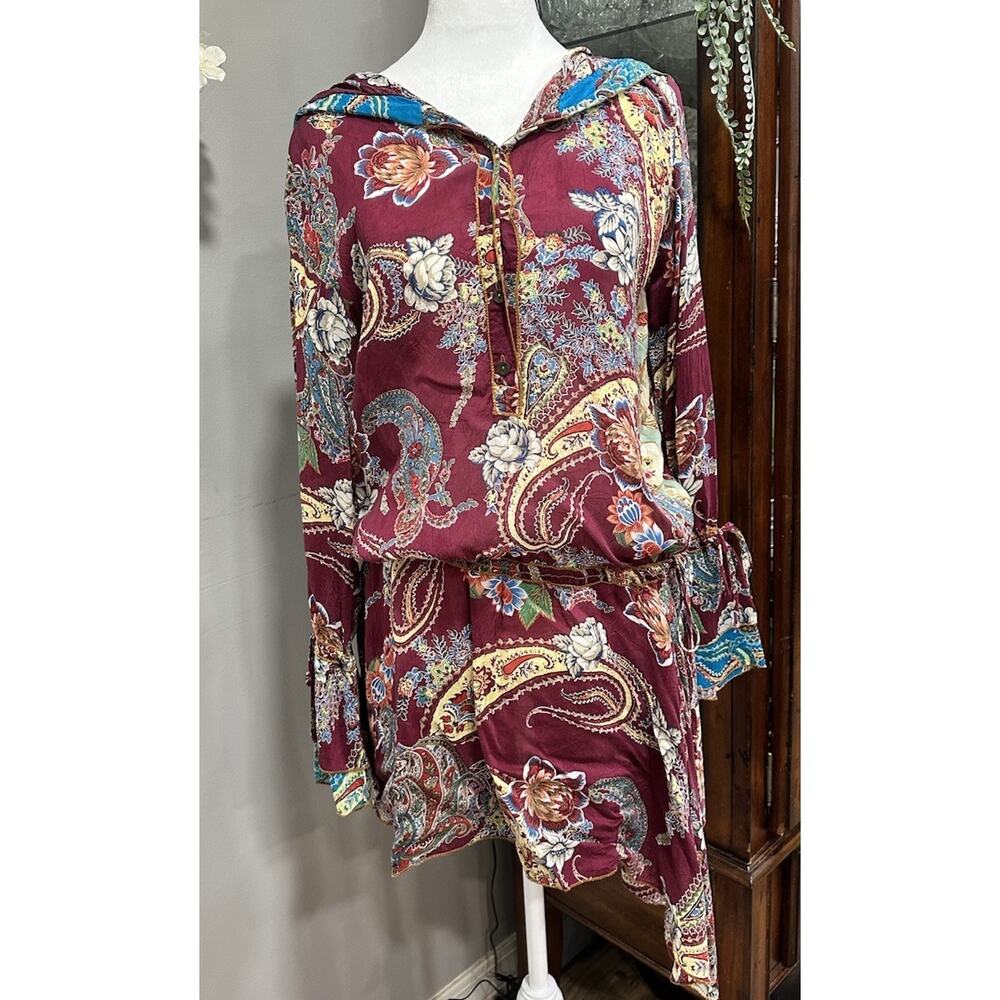 Johnny Was Boho Paisley Floral Tunic Hoodie Dress Sz M Burgundy Asymmetrical Hem